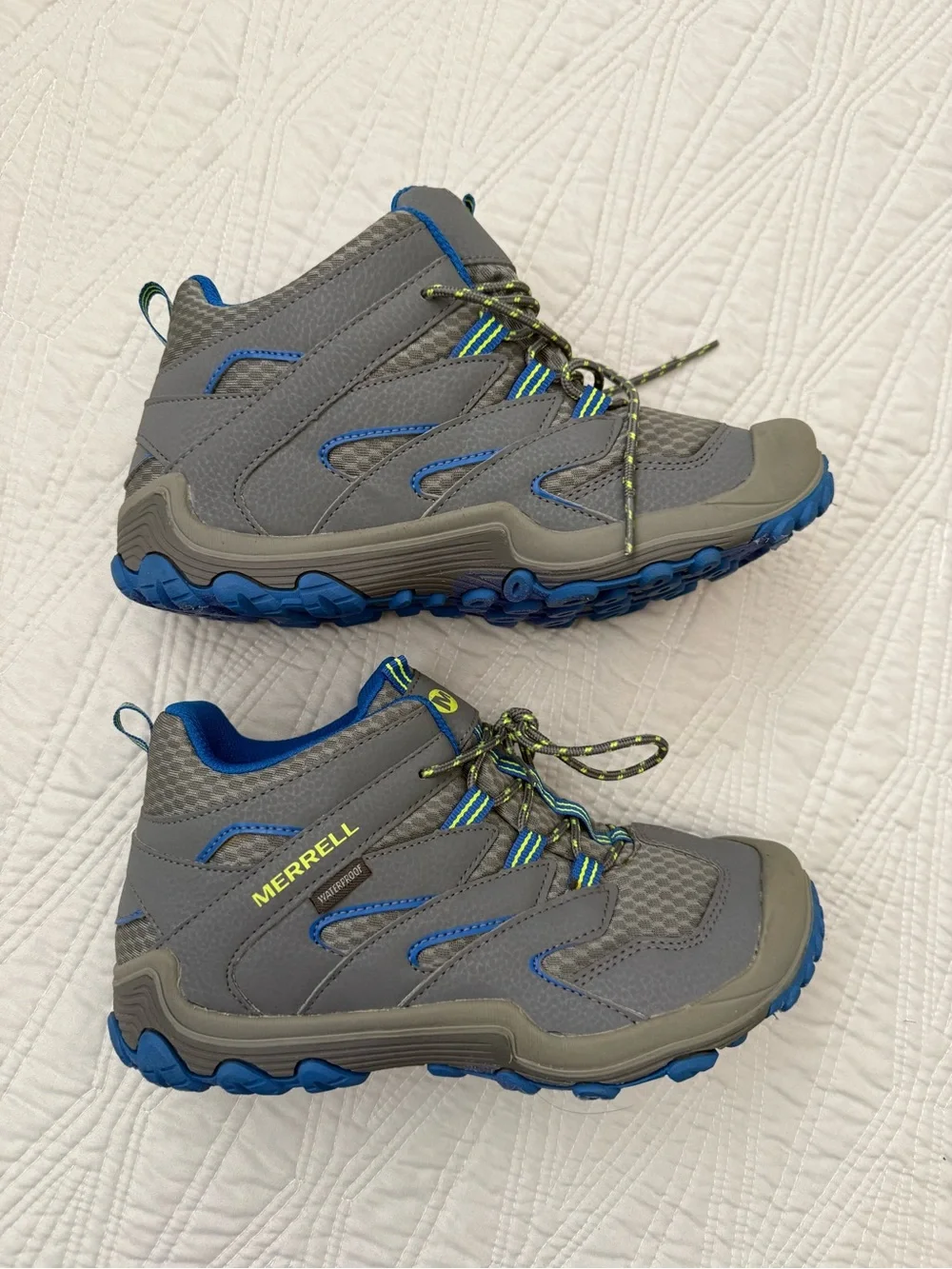 Merrell Gray and Blue Trail boots with Neon Green Accents